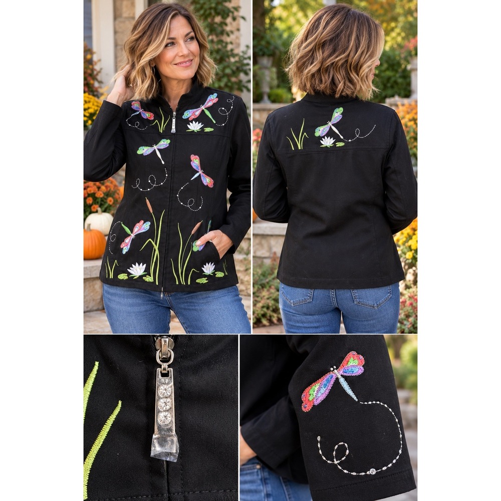Quacker Factory Black Dragonfly Embroidered Rhinestone Jacket XS